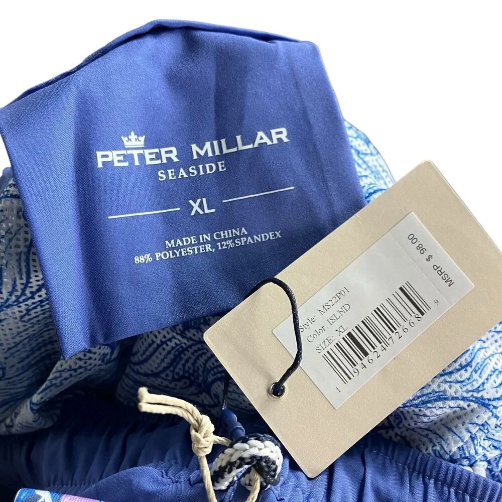 Peter Millar Swim Trunks Men’s XL Blue Shorts Ocean Fish Island Shark Boat Beach